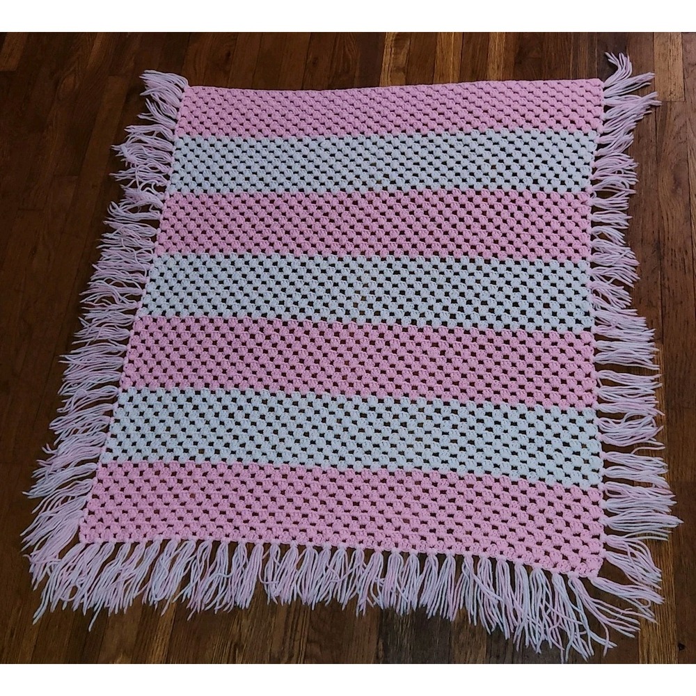Handmade Crochet Pink & White Vintage Baby Blanket 44" X 44" W/Fringe‎